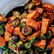 The Spicy Olive's Roasted Sweet Potatos and Brussel Sprouts