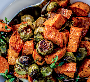 The Spicy Olive's Roasted Sweet Potatos and Brussel Sprouts