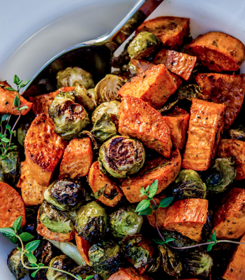 The Spicy Olive's Roasted Sweet Potatos and Brussel Sprouts