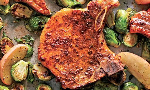 The Spicy Olive's Pork Chops with Roasted Apples and Brussels Sprouts