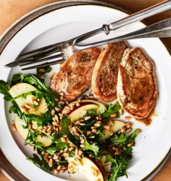 The Spicy Olive's Maple Pork Tenderloin with Farro, Apples and Arugula